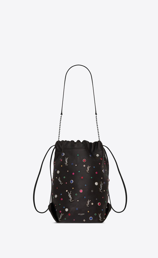 SAINT LAURENT Bucket Bag Damen TEDDY Tasche aus schwarzem Leder mit bunten Kristallen und silberfarbenem YSL a_V4
